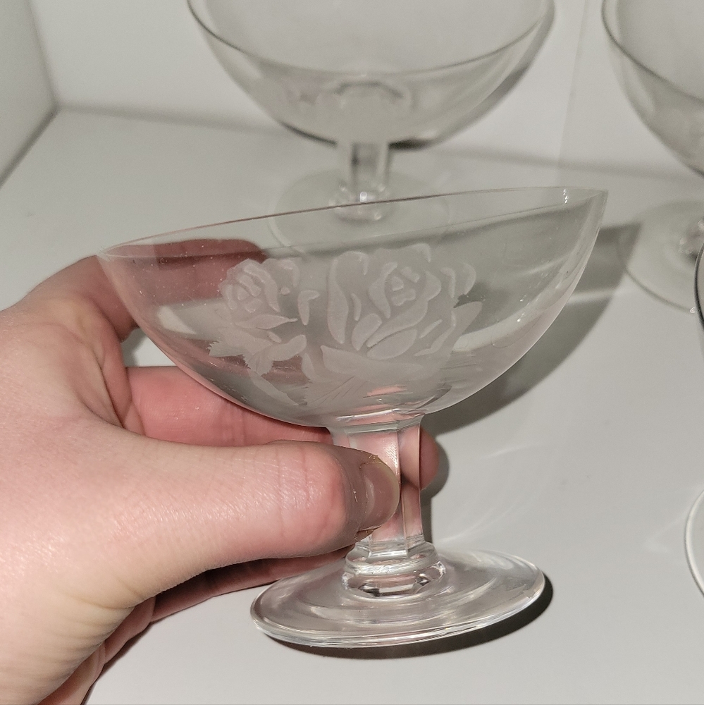 (7) Crystal Vintage Rose Etched Cordial Low Rim Martini Glasses